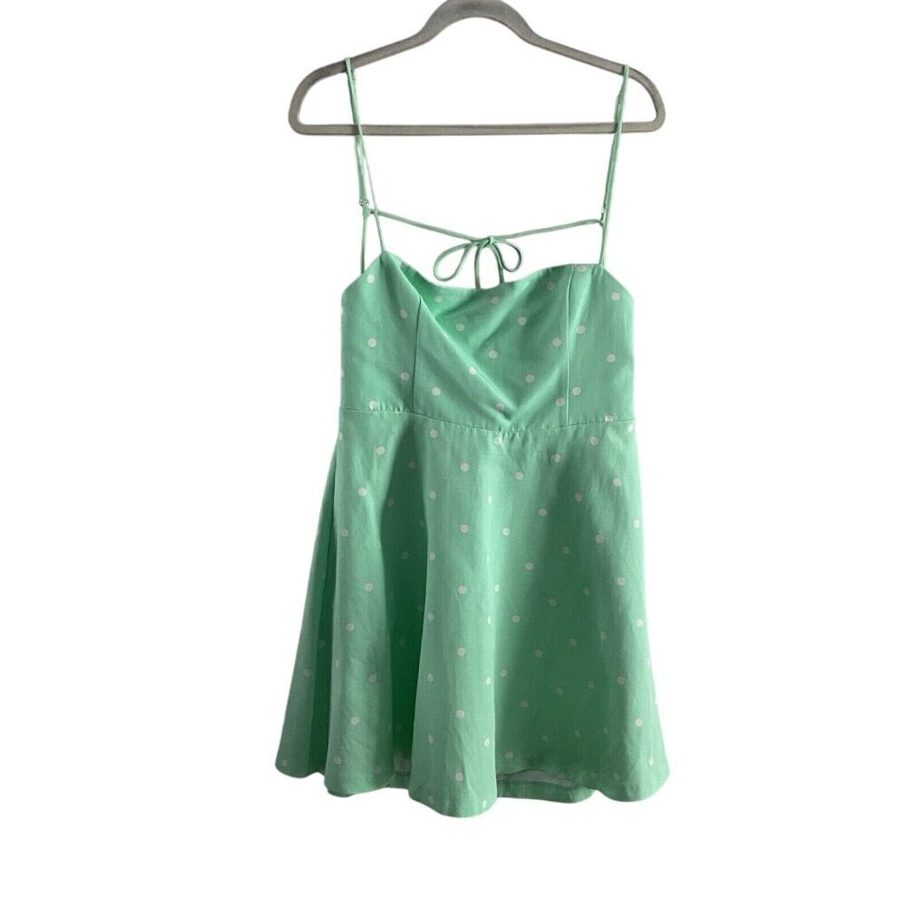 Zara XL Green Polka Dot Linen Blend Square Neck Strappy Tie Back Mini Dress NWT - Picture 2 of 11
